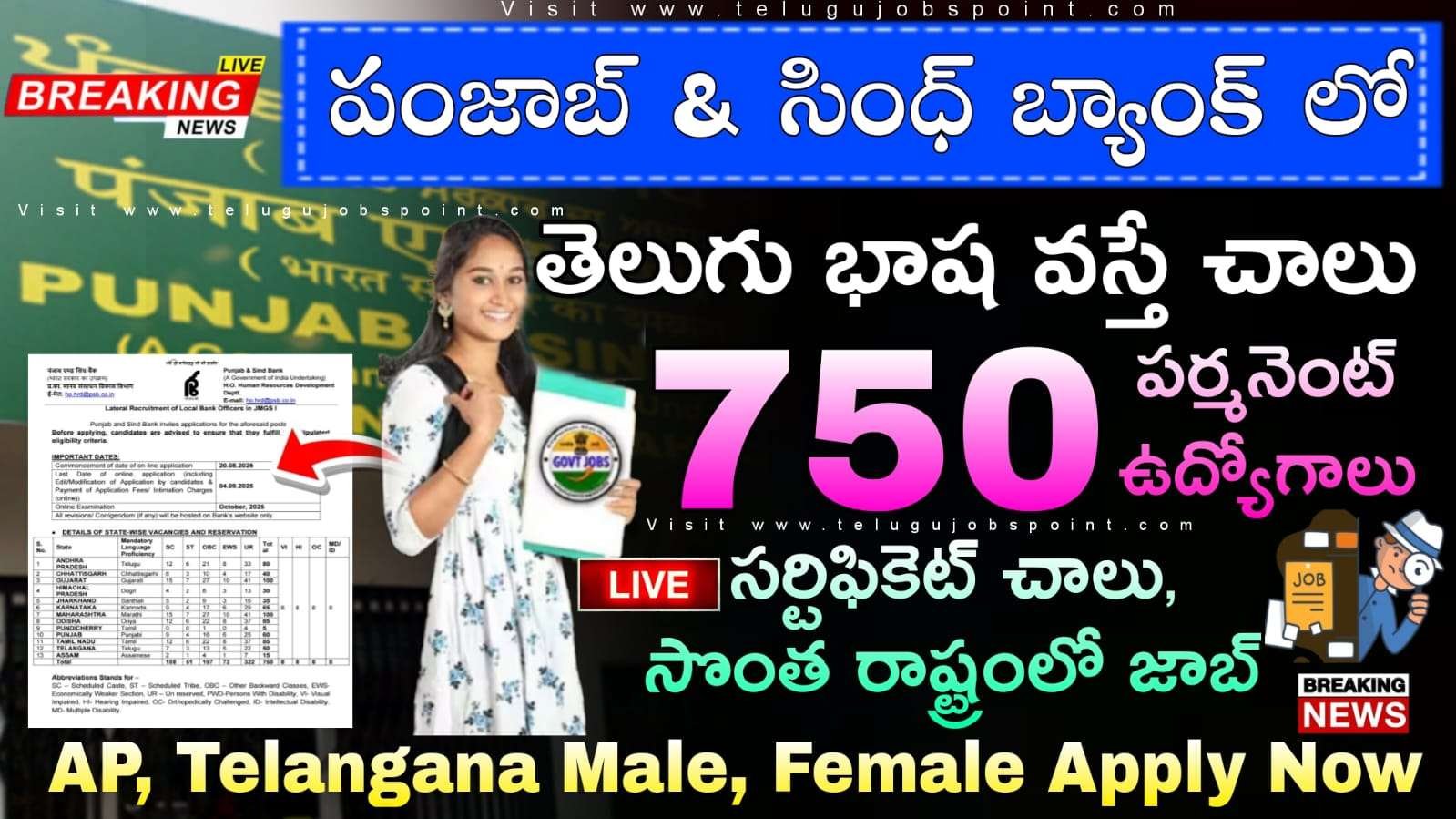 Bank Jobs : తెలుగు భాష వస్తే చాలు.. పంజాబ్ & సింధ్ బ్యాంక్ లో స్థానిక బ్యాంక్ ఆఫీసర్ (LBO) జాబ్స్ నోటిఫికేషన్ | Punjab and Sind Bank LBO Recruitment 2025 Notification Out  Apply for 750 Vacancies in Telugu