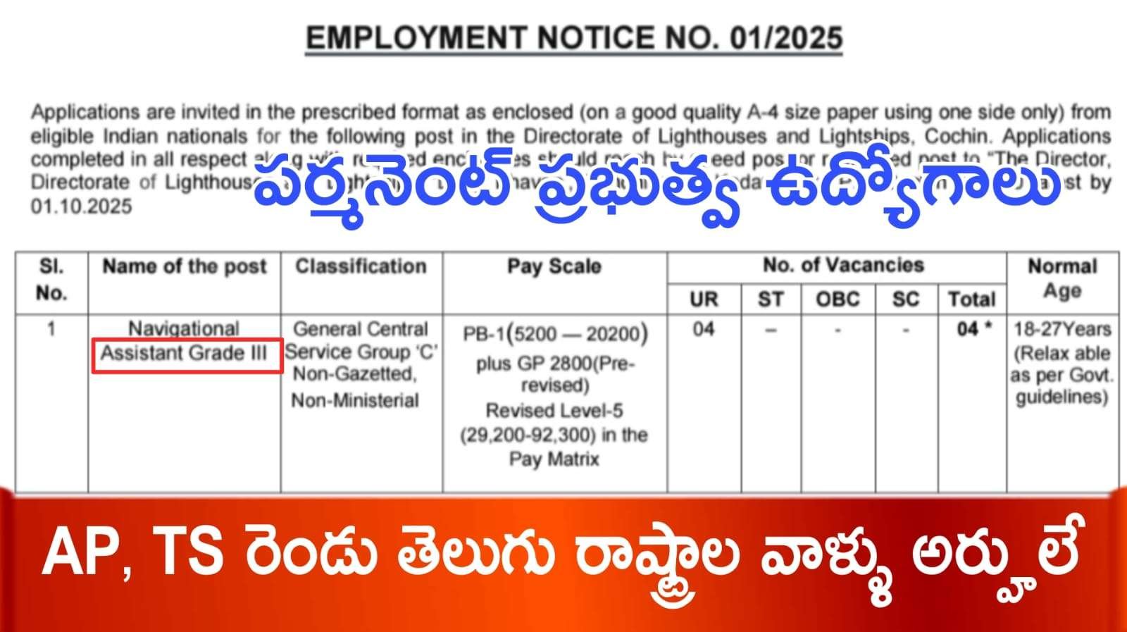 Latest Jobs : కొత్త గా అసిస్టెంట్ నోటిఫికేషన్ వచ్చేసింది | Directorate Of Lighthouses & Lightships Assistant Grade III Recruitment 2025 all details in Telugu apply online now
