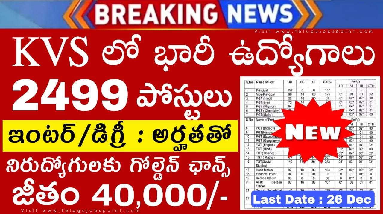 12th అర్హతతో 2499 ఖాళీలు.. కేంద్రీయ విద్యాలయలో జూనియర్ సెక్రటేరియట్ అసిస్టెంట్ నోటిఫికేషన్ వచ్చేసింది| KVS Teaching and Non Teaching Notification 2025 Apply Now