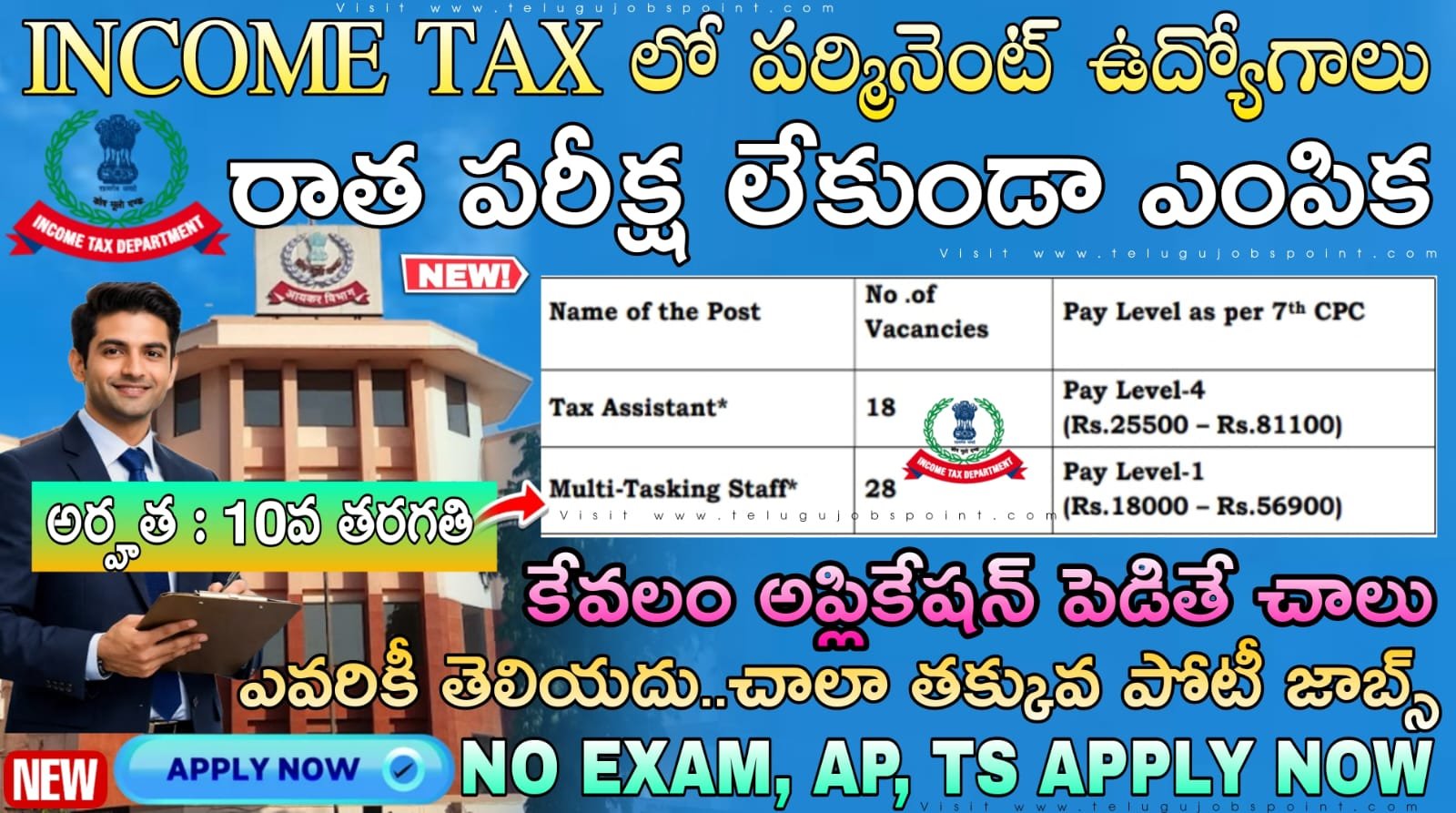 రాత పరీక్ష లేకుండా ఇన్కమ్ టాక్స్ డిపార్ట్మెంట్ లో టాక్స్ అసిస్టెంట్ & మల్టీ టాస్కింగ్ స్టాఫ్ నోటిఫికేషన్ వచ్చేసింది | Income Tax Recruitment 2026 Apply Now