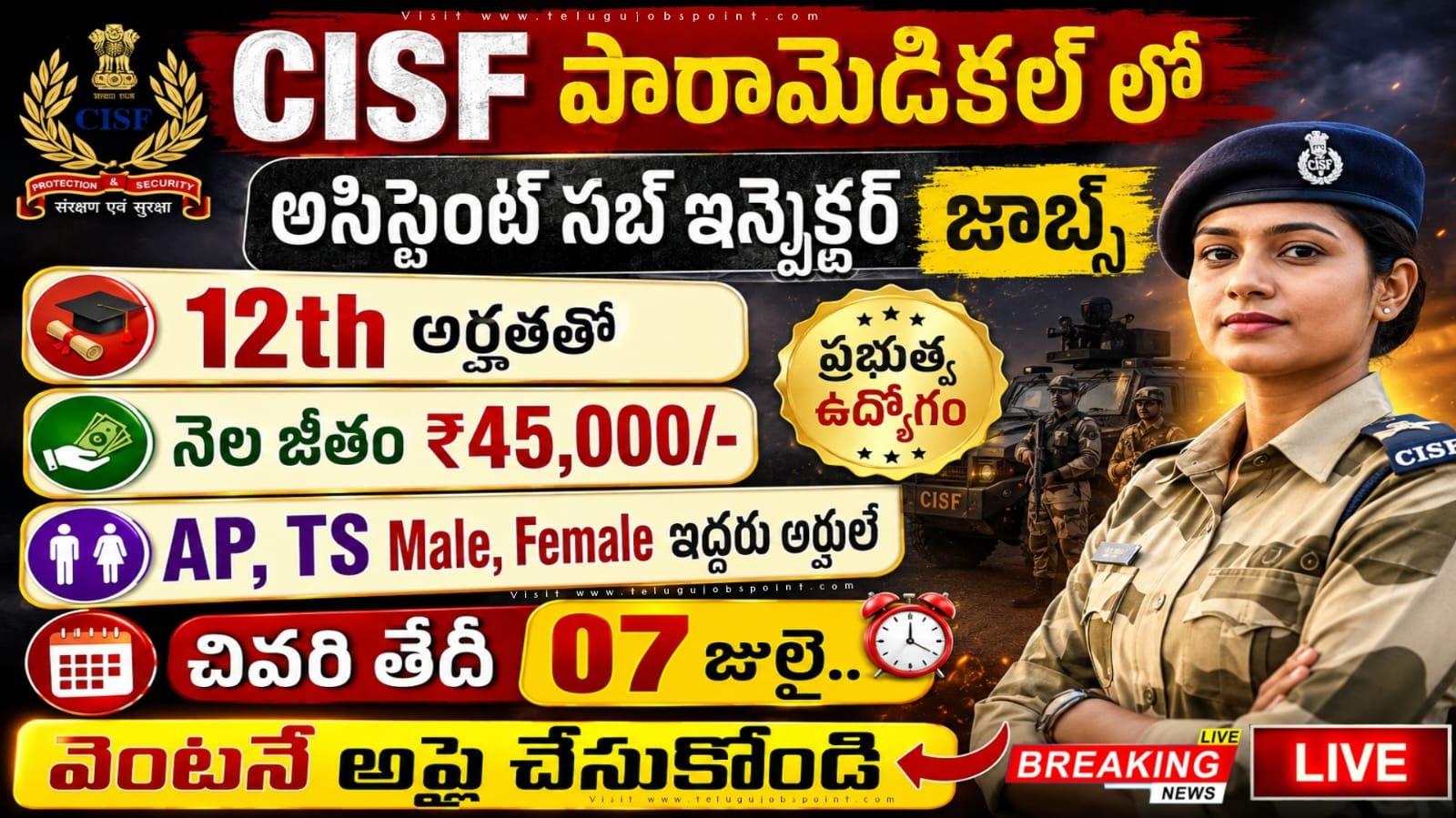 CISF ASI Jobs : 12th అర్హతతో సెక్యూరిటీ ఫోర్స్ లో ASI నోటిఫికేషన్ వచ్చేసింది| CISF ASI Paramedical Staff Recruitment 2026 Apply Now